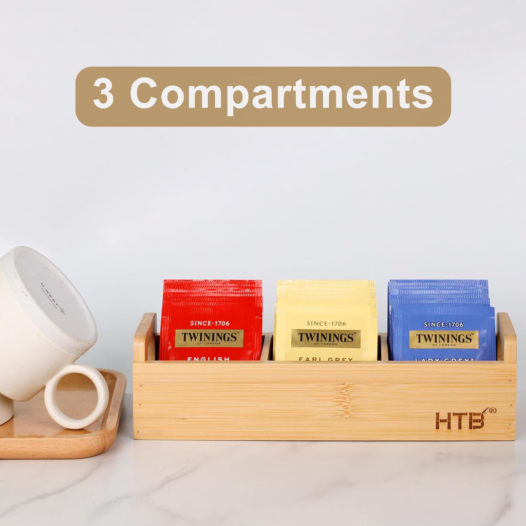 HTB Small Tea Bag Holder, Bamboo Tea Organizer 3 Compartments for Beverage Suppliers, Sugar, Sweeteners, Individual Packets, Portable Tea Bag Organizer for Home Kitchen Counter or Office