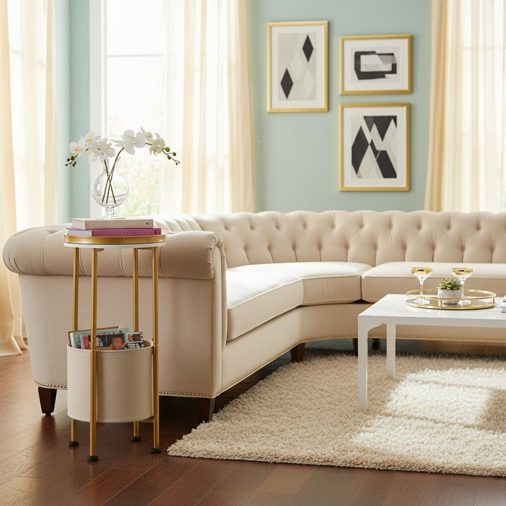 Small Round Side Table with Storage Basket, 2-Tier Round End Table for Living...