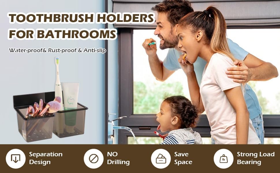 Toothbrush Holder Toothpaste Holder with Wall Mounted Metal Frame & Plastic Black Bathroom Organizer with Tape for Bathroom Toothbrush Toothpaste Floss Makeup Brush Razor - one Pack