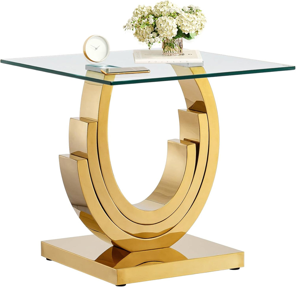 Modern End Table, Living Room End Table with Tempered Glass Top & Geometr...