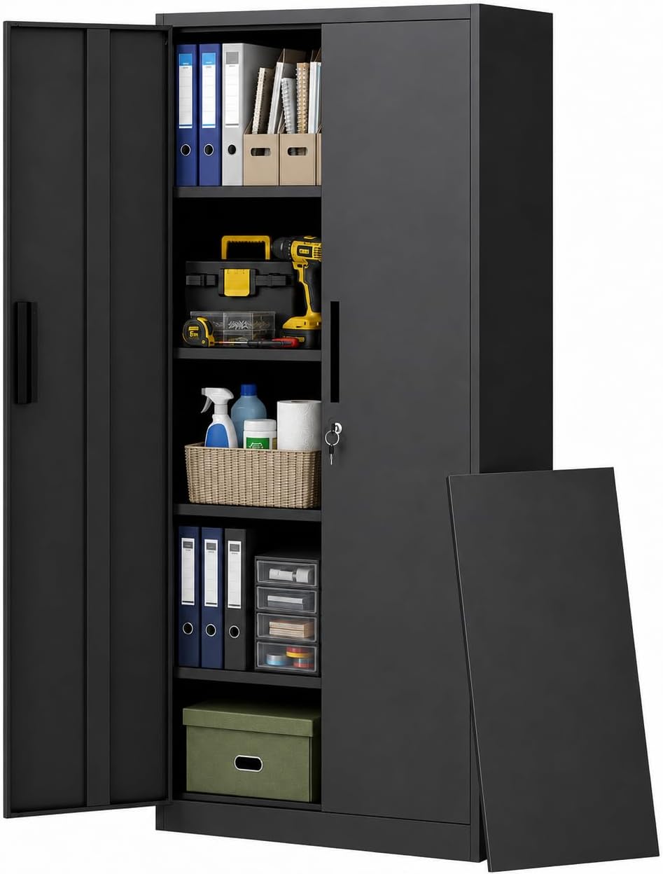 Metal Storage Cabinet with Lock, 71"H Garage Storage Cabinet, Black | St...