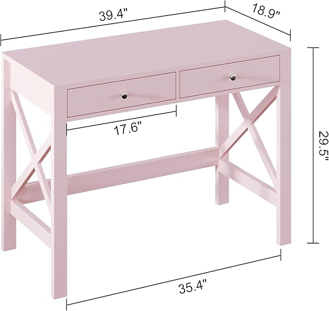 ChooChoo Computer Desk for Home Office, 39 Inches Writing Table with Drawers, Makeup Vanity Console Table, Pink