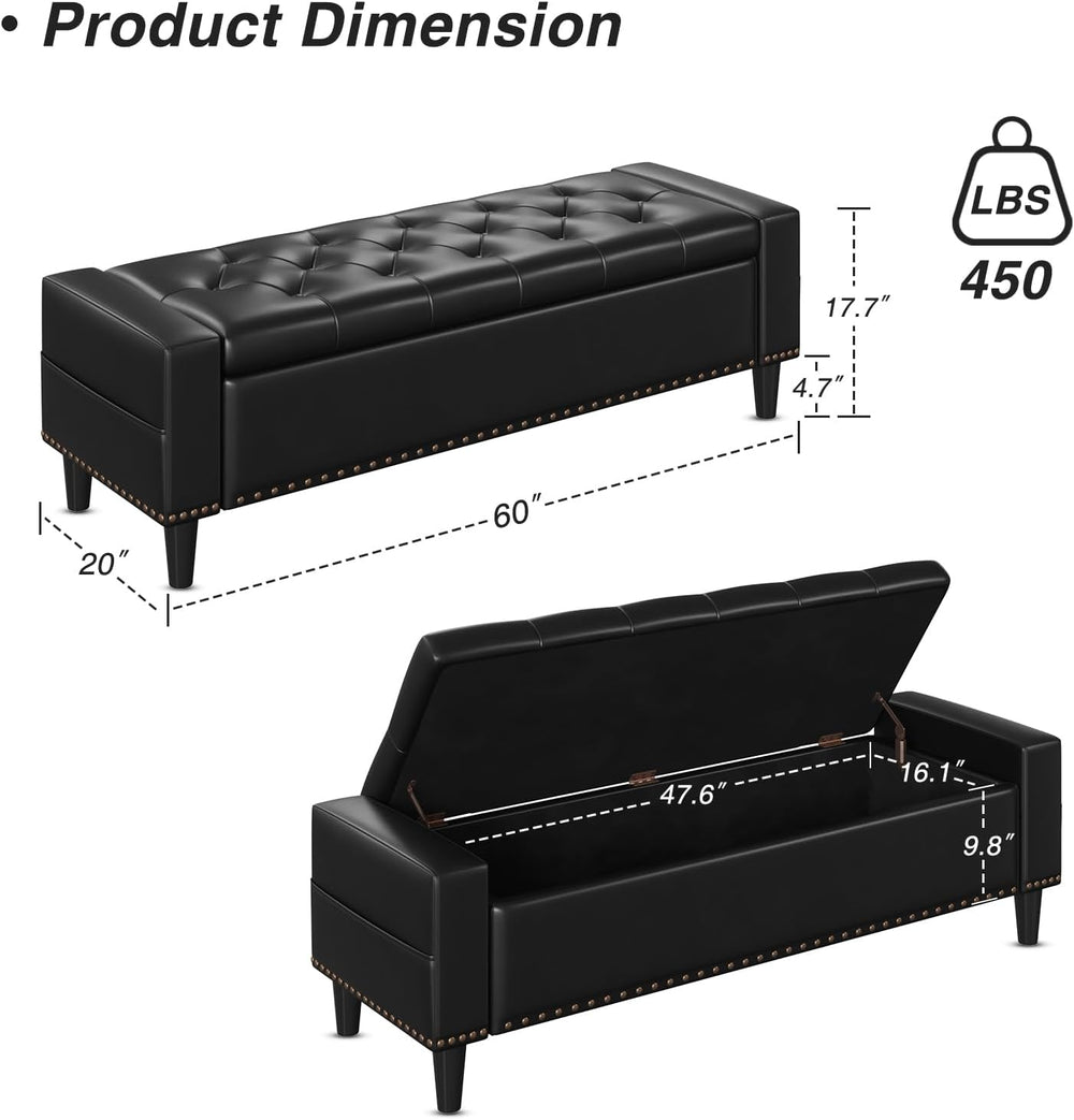 60" Storage Ottoman Bench, Faux Leather Upholstered Bed Bench, Black