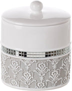 Creative Scents Mirror Damask Qtip Holder - Decorative Qtip Holder Canister Jar, Durable Cotton Swab Ball Holder/Container - Bathroom Vanity Accessories (Gray & White)