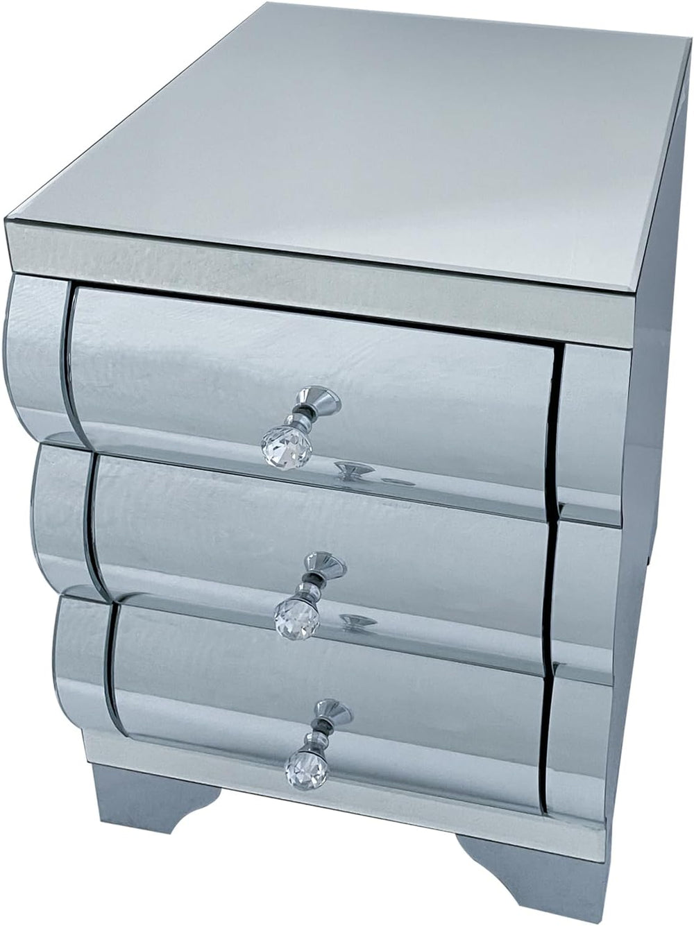 Silver Modern Mirrored Nightstand with 3 Drawers, Baked Curved Glass Bedside ...
