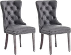 Leather Dining Chair Set of 2, Dining Room Chairs with Nailhead Ring Pull Trim, Upholstered Dining Chairs with Solid Wood Legs for Kitchen Dining Room (Grey)