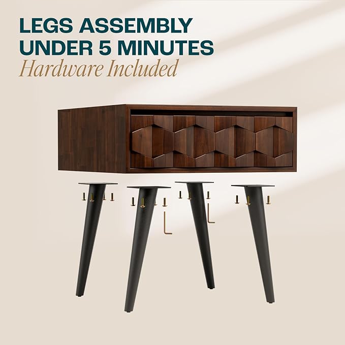 Bme Georgina Solid Wood Nightstands with Drawers - Fully Assembled Rustic Geometric Pattern Bedside Cabinet - Mid Century Modern Side Table for Living Room, Bedroom