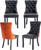 Dining Room Chairs Set of 4, Upholstered Tufted Dining Chairs with High Back, Nailhead Trim and Solid Wood Legs, Modern Dinning Chairs for Dining Room, Black Pu Leather Splicing Orange Velvet