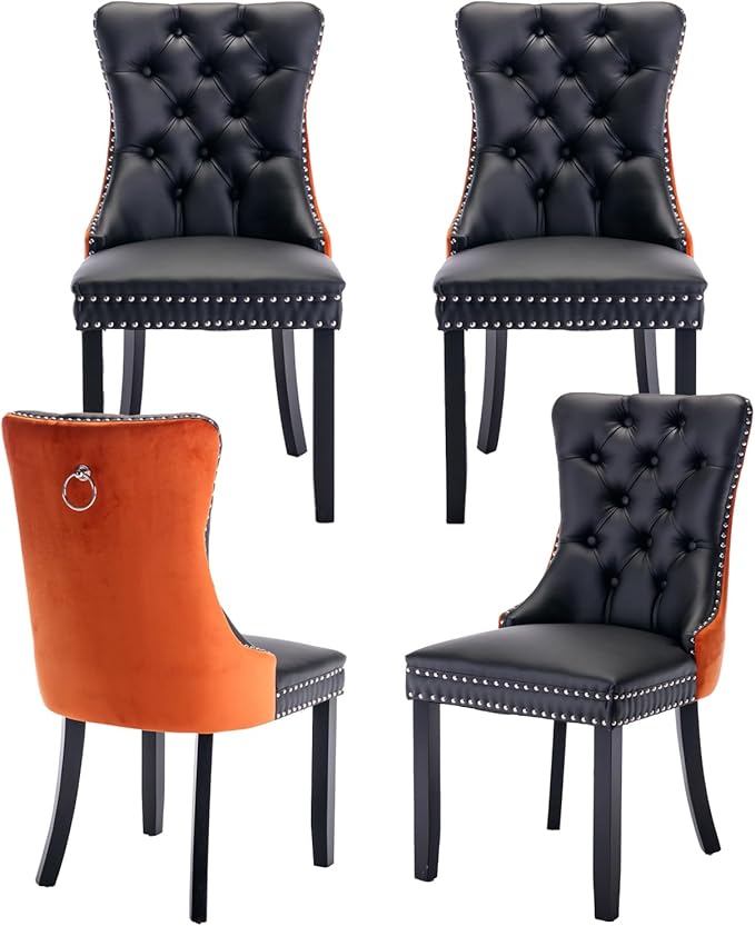 Dining Room Chairs Set of 4, Upholstered Tufted Dining Chairs with High Back, Nailhead Trim and Solid Wood Legs, Modern Dinning Chairs for Dining Room, Black Pu Leather Splicing Orange Velvet