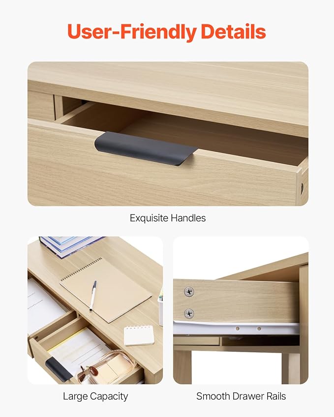 VEVOR Small Desk with Drawers, Wooden Table for Home Office, Small Computer Desk with Storage, Vanity Desk with Drawers, Study Table for Adults/Students for Drawing, Reading, Writing, Light Wood