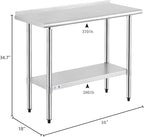ROCKPOINT Stainless Steel Table for Prep & Work with Backsplash 18x36 Inches, NSF Metal Commercial Kitchen Heavy Duty Table with Adjustable Under Shelf and Table Foot for Restaurant, Home and Hotel