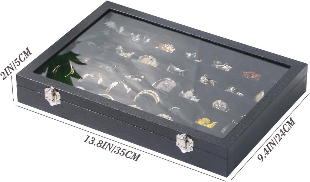 Coward Ring Earring Jewelry Organizer Box, 35 Grids Dustproof Display Holder Case, Black Velvet Jewelry Bead Display Tray Case with Transparent Glass Lid for Momen Girls