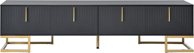 Ball & Cast Modern TV Stand with Storage Cabinets for TVs up to 80", Luxury Media Console w/Metal Legs & Gold Handles,Geometric Lines & Adjustable Shelf,Entertainment Center for Living Room,Black