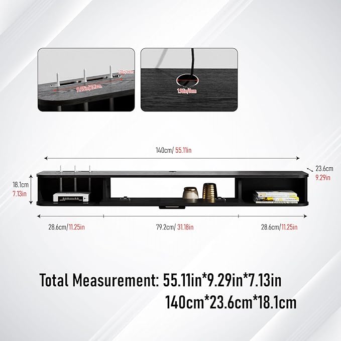 Floating TV Unit, 55'' Wall Mounted TV Cabinet, Floating Shelves with Door, Modern Entertainment Media Console Center Large Storage TV Bench for Living Room & Office (55.12IN, Black)