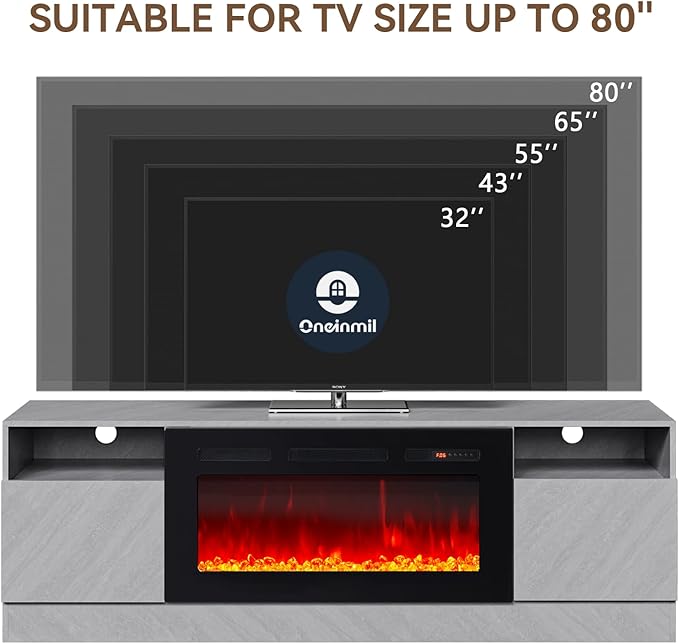 oneinmil Fireplace TV Stand with 36" Electric Fireplace, LED Light Entertainment Center, Modern Wood Texture Entertainment Stand with Highlight Storage Cabinet for TVs Up to 80", 70 inches, Grey