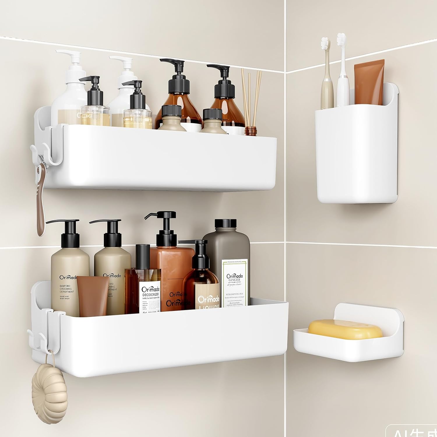 Orimade Shower Caddy 4-Pack, No-Drill Adhesive Shelves for Bathroom, Rustproof ABS Storage Organizer Set, White