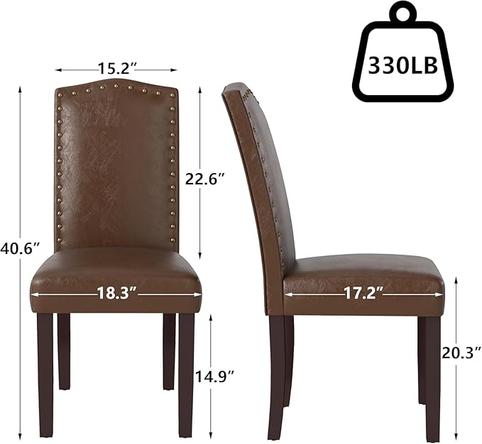 LSSBOUGHT PU Dining Chair Upholstered Parsons Kitchen Chair with Copper Nails and Solid Wood Legs for Dining Room,Restaurant (Brown, 4PCS)