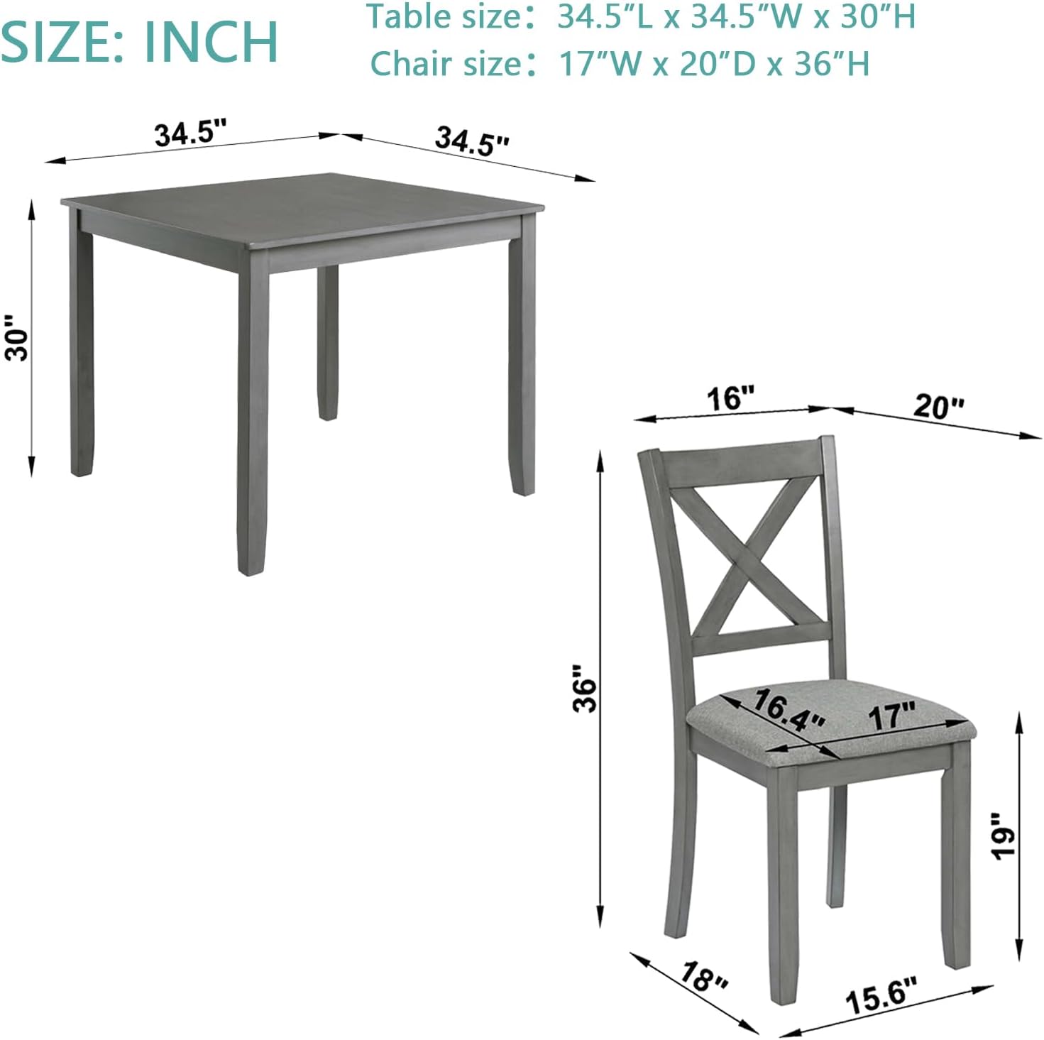 LUMISOL 5-Piece Wooden Dining Table Set with 4 Chairs, Kitchen Table Set for 4 People, Farmhouse Table and Chairs Set for Living Roo, Kitchen, Dining Room, Grey