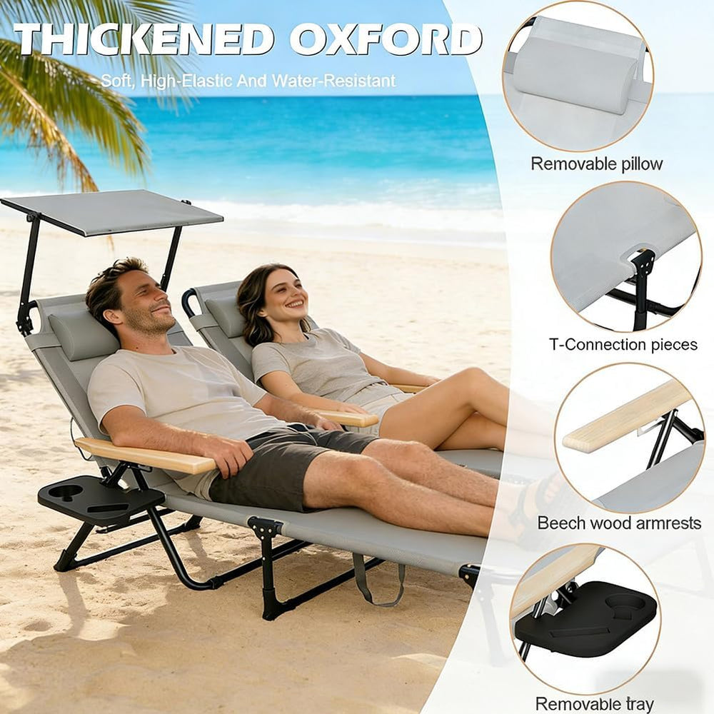Folding Lounge Chair with Adjustable Canopy, Portable Sun Lounger with 4-Posi...