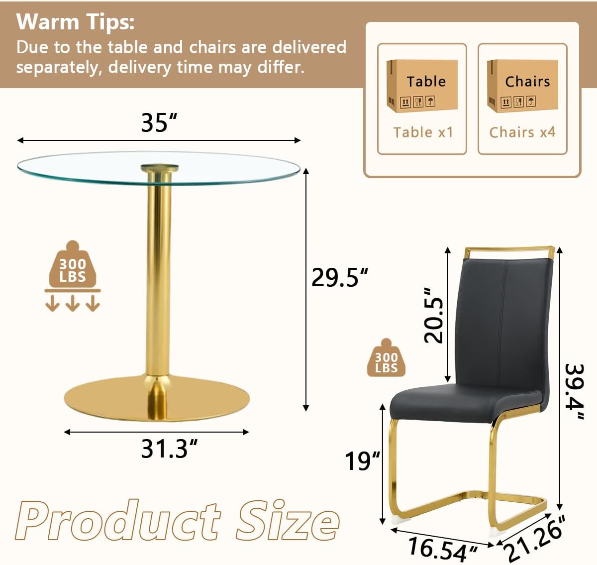 35'' Round Dining Table Set for 4, Glass Kitchen Table Chairs Set of 4, Small Dining Table with Golden Electroplated Metal Leg and Base, 4 PU Dining Chairs with Metal Legs, for Kitchen, Dining Room.