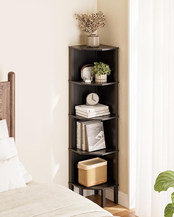 Corner Shelf, 5 Tier Corner Bookshelf，Wall Corner Bookshelf for Small Space,Display Corner Shelf Stand with Storage Rack for Living Room,Bedroom,Office,Black