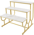 Metal Shoe Handbag Display Stand, 3 Tier Heavy Duty Display Riser Shelf, Modern Retail Display Table, Carbon Steel and Solid Wood, Gold