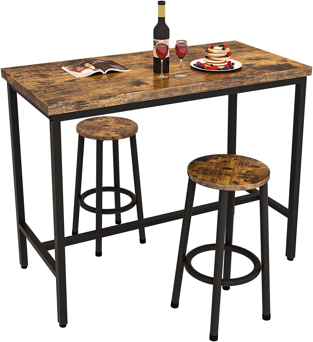 Recaceik 3 Piece Pub Dining Set, Modern bar Table and Stools for 2 Kitchen Counter Height Wood Top Bistro Easy Assemble for Breakfast Nook Living Room Small Space Restaurant, Rustic Brown 39