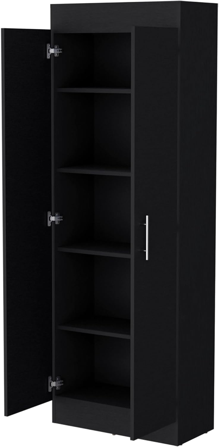 23.6" D*11.9" W*66.8" H Freestanding Kitchen Pantry with 4 Shelves, Double Door, Rectangular Wood Storage Cabinet, Traditional, for Living Room, Dining Room, Black