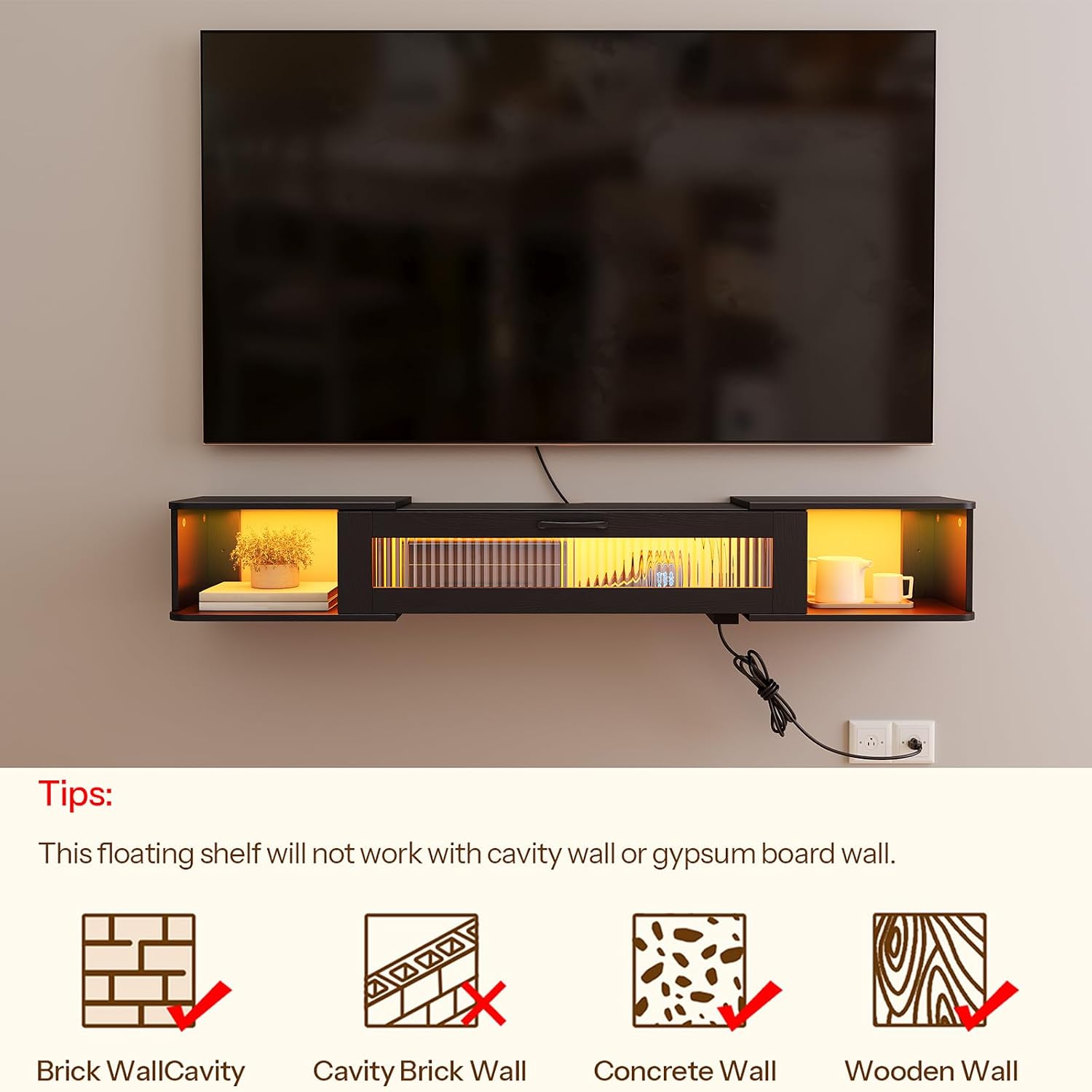 HOOBRO Floating TV Stand with LED Light Power Outlet for TVs up to 65”, Wall Mounted TV Shelf, Modern Media Console Entertainment Center Under TV, for Living Room Bedroom, Black BK34UDDS01G1