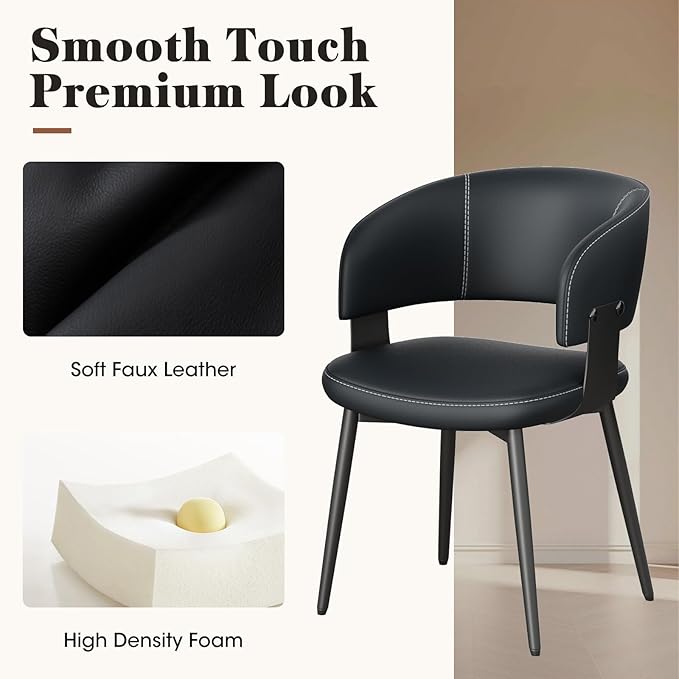 Modern Dining Chairs Set of 2, Faux Leather Upholstered Kitchen Chairs with Curved Back and Metal Legs, Mid Century Chairs for Dining Room, Kitchen, or Café (Black)