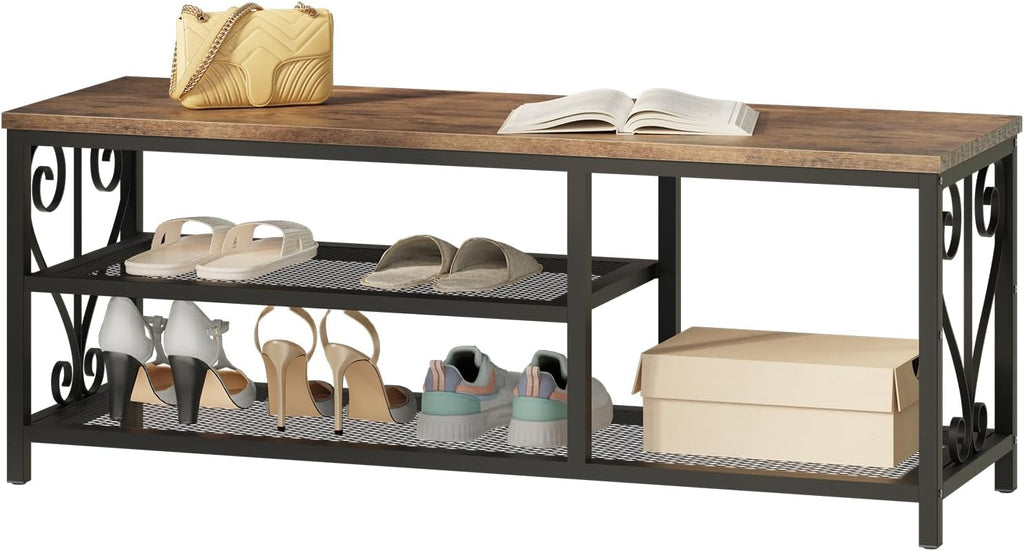 Entryway Storage Bench with Shoe Rack, 47.2" Wide Hallway Bench with Seating, Rustic Wood Top & Metal Frame, 2-Tier Shoe Organizer for Entryway, Bedroom, or Living Room, Brown