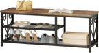 Entryway Storage Bench with Shoe Rack, 47.2" Wide Hallway Bench with Seating, Rustic Wood Top & Metal Frame, 2-Tier Shoe Organizer for Entryway, Bedroom, or Living Room, Brown