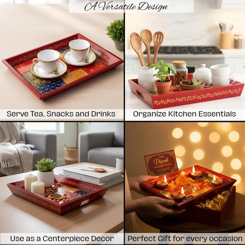 Swadeshi Blessings Hand-Painted Wooden Serving Tray Set of 3, Antique Red