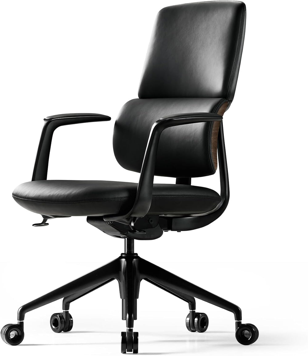 TOMU Genuine Leather Office Desk Chair, Ergonomic Leather Office Chair Mid Ba...