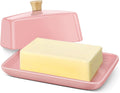 Flexzion Ceramic Pink European Butter Dish with Lid for Countertop (7 Inch) - Wide 2 Stick Double Butter Holder for Counter, Cream Cheese Container Storage Keeper