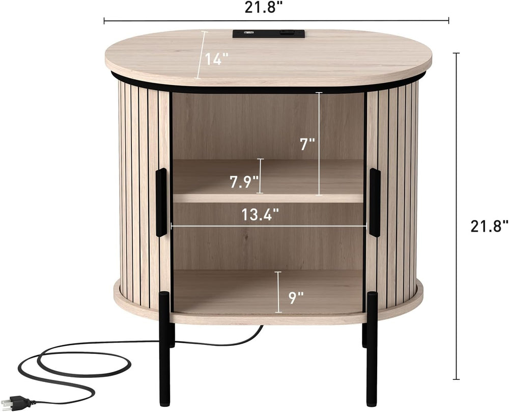 Bonzy Home Round Nightstand with Storage, Fluted Side Table with Charging Sta...