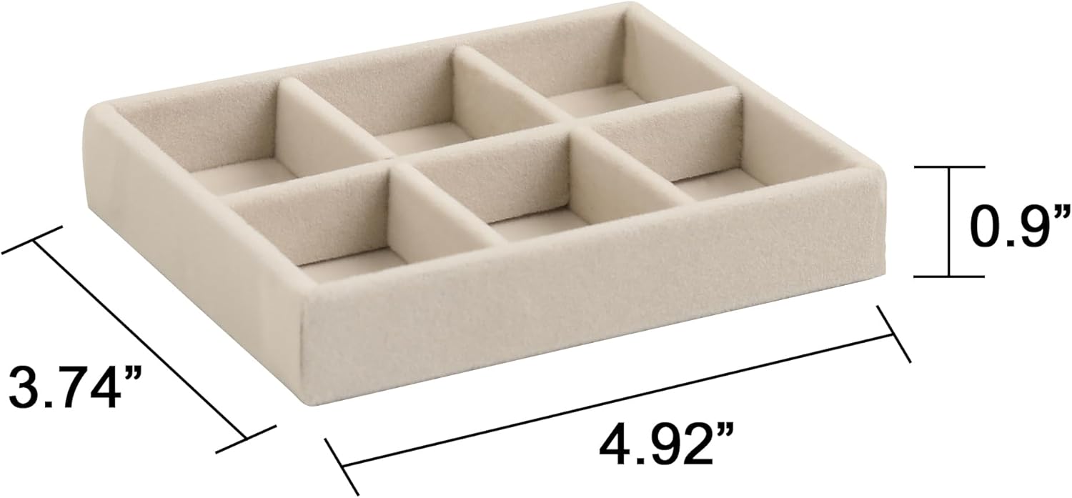 Frebeauty Small Jewelry Tray Set,Stackable Velvet Jewelry Organizer Tray,Mini Jewelry Drawer Organizer,Drawer Inserts,4.92 x 3.74 x 0.9 Inches,6 Grid Earring Organizer for Women(Set 2,Beige)