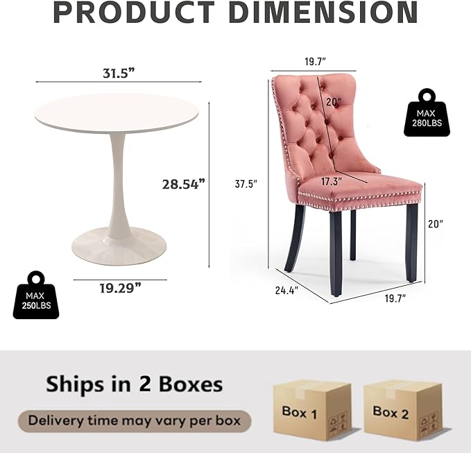3-Pieces 31.5" Round Dining Table Set for 2, White Dining Table & 2 Velvet Upholstered Dining Chairs for Kitchen Dining Room Apartment Small Space(White Table & Pink Chairs)