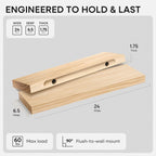 Homeforia 24 inch Natural Floating Shelf, High End Solid Real Wood 24inch Small Floating Shelves for Wall Mounted, Natural Wooden Floating Shelves, Heavy Duty Bracket, 24 X 6.5 X 1.75 in, Set of 4