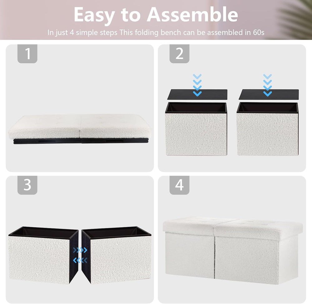 Storage Ottoman Bench, 34" Teddy Velvet Folding Foot Rest, White | Large...
