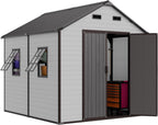 8x8 Shed with Floor, Heavy-Duty Plastic Resin Sheds & Outdoor Storage, Garden Tool Shed for Backyard, Patio, Bike Storage with Lockable Awning Windows & Reinforced Steel Frame（23-Gauage