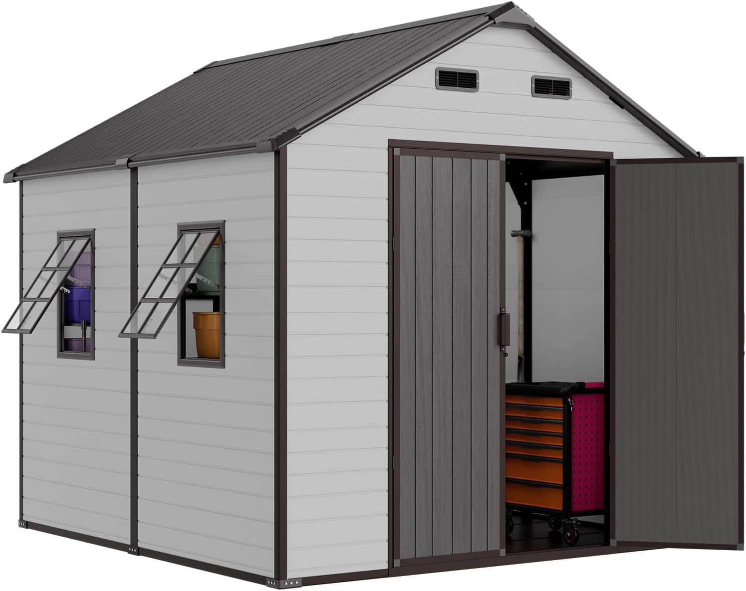 8x8 Shed with Floor, Heavy-Duty Plastic Resin Sheds & Outdoor Storage, Garden Tool Shed for Backyard, Patio, Bike Storage with Lockable Awning Windows & Reinforced Steel Frame（23-Gauage
