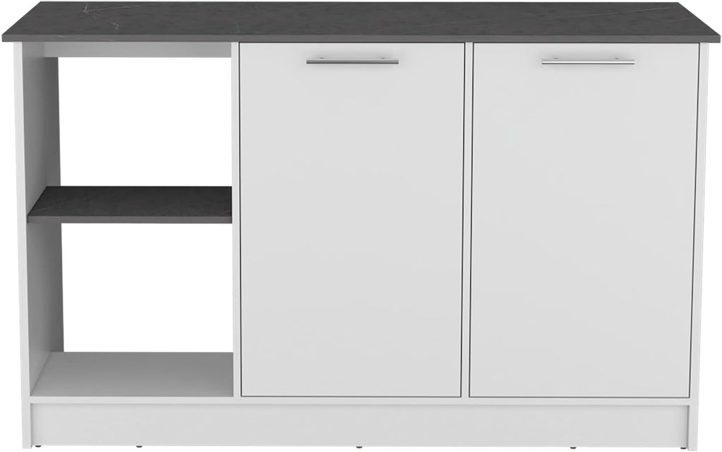 Tuhome Juniper Kitchen Island with Storage, 59in Wide Prep Top, 2-Door Cabinet with Interior Shelves and Dual Open Shelves, Engineered Wood, White/Light Oak