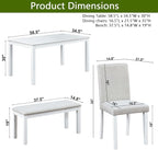 KEIKI 6-Piece Standard Height Dining Table Set with Rectangular Table, 4 Upholstered Chair, Bench, for 6 Person, Modern Crystal Decoration Table Set, Easy Assembly, for Kitchen, Dining Room, White