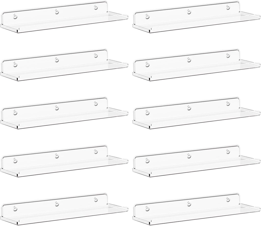 Lifewit Floating Shelves for Wall, 10 Pack Clear Acrylic Shelf 15" Room Decor for Bookcase/Vinyl Record Display/Photo/Picture in Bedroom, Living Room, Bathroom, Kitchen Storage and Organization