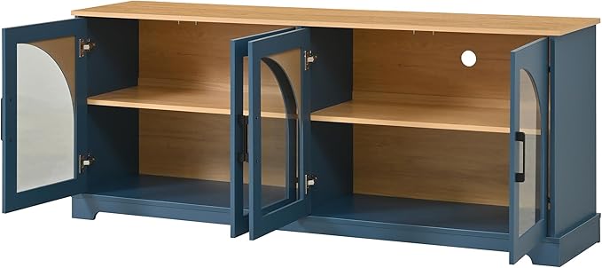 Farmhouse TV Stand with Adjustable Shelves for TVs up to 70'', Entertainment Center with Semi-Arched Glass Doors, Wood Grain Sideboard with Cable Management for Living Room, Blue