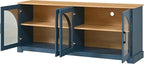 Farmhouse TV Stand with Adjustable Shelves for TVs up to 70'', Entertainment Center with Semi-Arched Glass Doors, Wood Grain Sideboard with Cable Management for Living Room, Blue