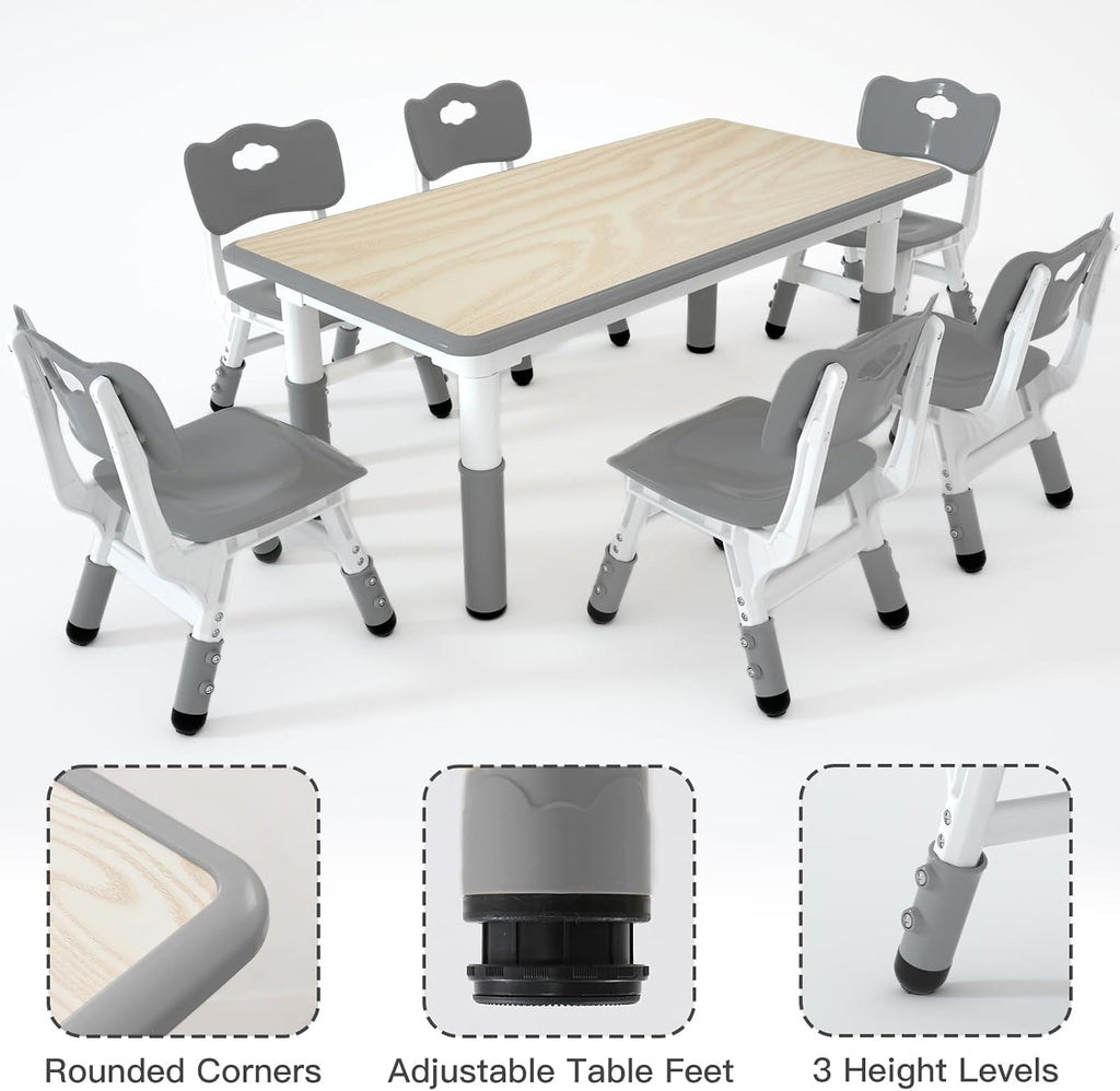 LulliSpace Kids Table and 6 Chairs Set，Height Adjustable Children Table & Chair，Toddlers Study Multi-Activity Table with 47.2"x23.6" Wipe-Clean Desktop，for Classrooms, Homes & Daycares