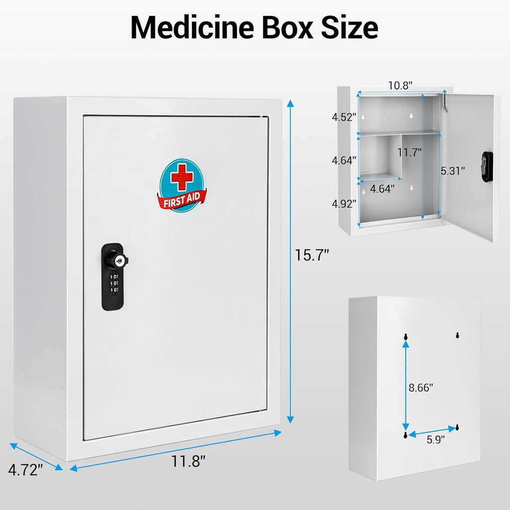 Wall Mounted Metal Medicine Cabinet with Key Lock, First Aid Medication Storage Box, White (Small)