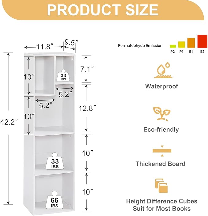 VECELO 4-Tier Bookcase, Modern Storage Cabinet with Height Difference Shelves for Standard Textbooks, 5 Cubes, Vertical or Horizontal, Easy Assembly, Pearl White